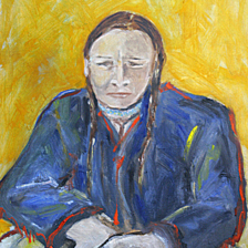 "Sitting Native" This is a native from the 5 Northern pueblos in New Mexico, The information is on the back. This framed painting is missing in Glastonbury Ct.
